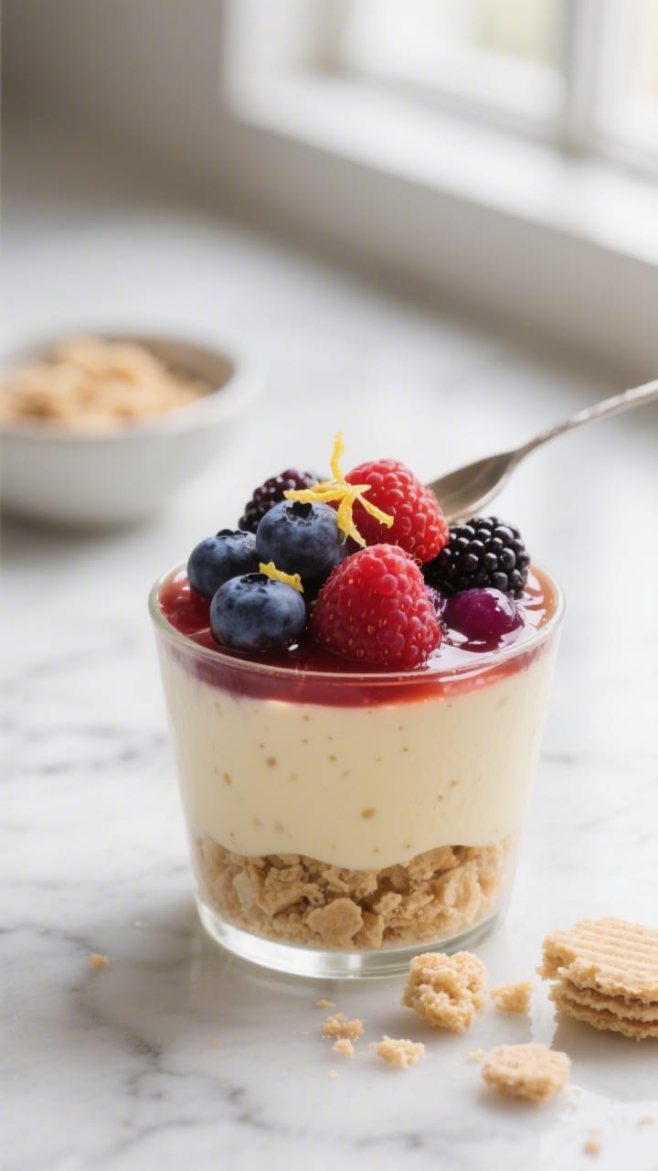 Close-up detail shot: A glass pudding cup mid-assembly showing distinct layers—crumbly vanilla waf