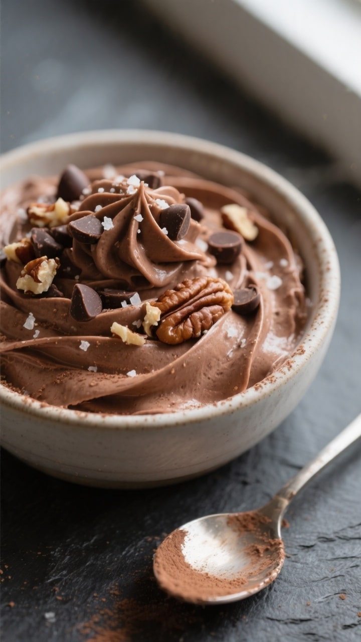 Close-up detail shot: A small bowl of finished quick keto chocolate mousse-cheesecake cream, silky a