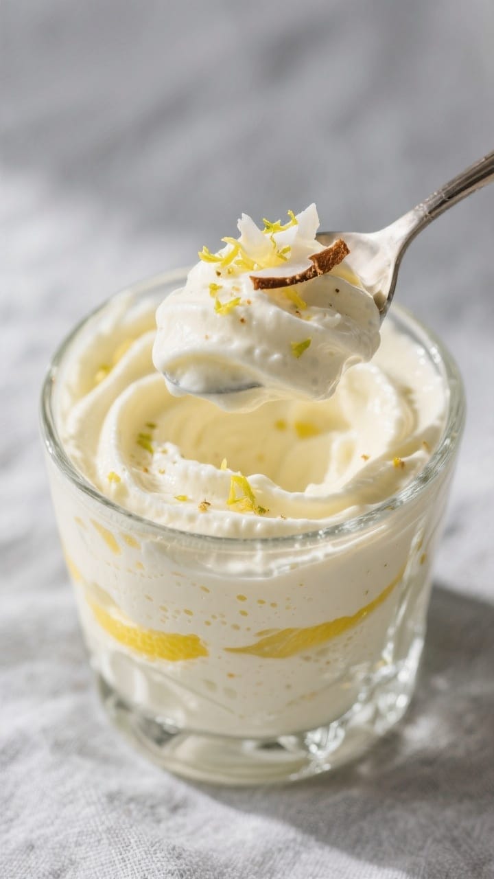 Close-up detail shot: A spoon scooping into a chilled lemon keto mousse set in a clear rocks glass, 