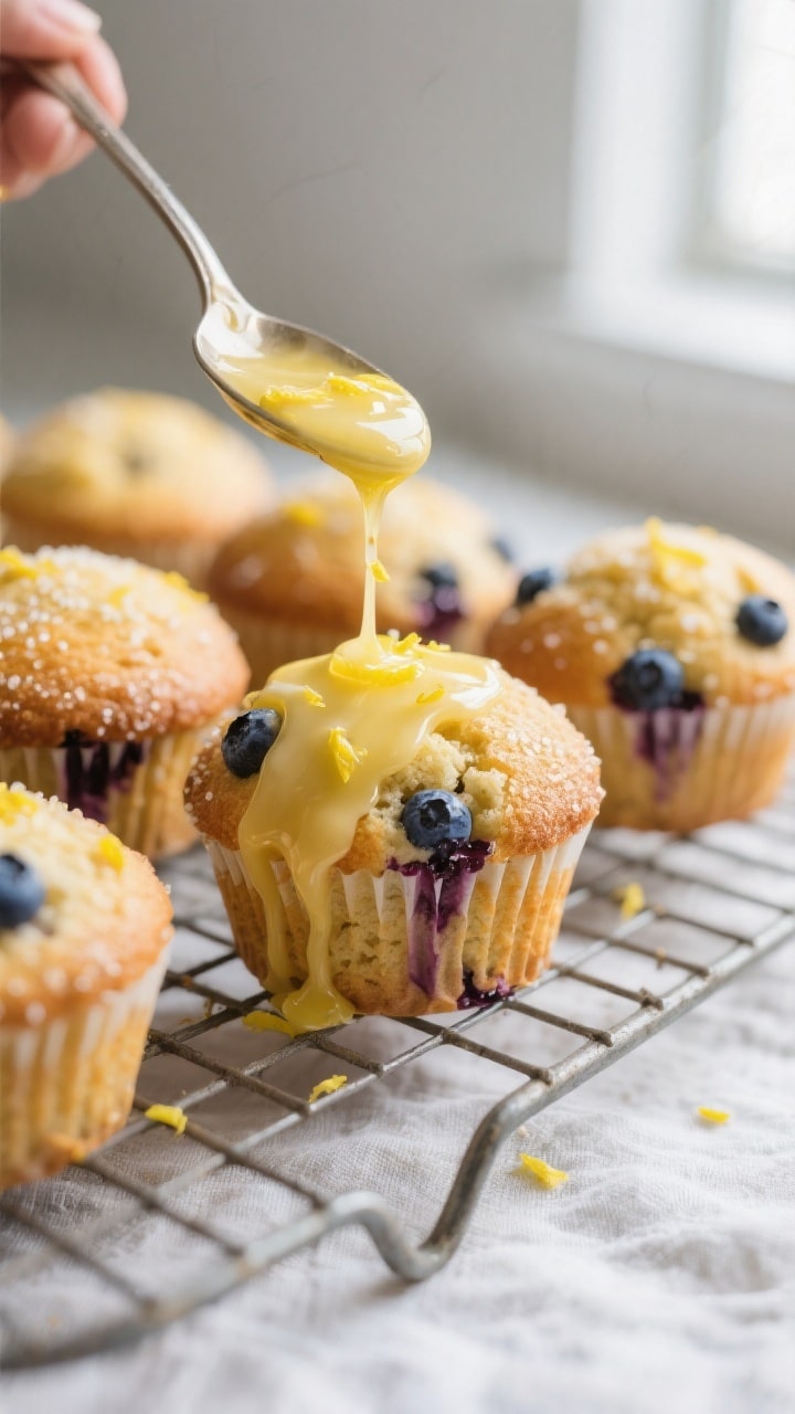 Close-up detail shot: freshly baked lemon blueberry muffins on a wire rack, golden domed tops with c