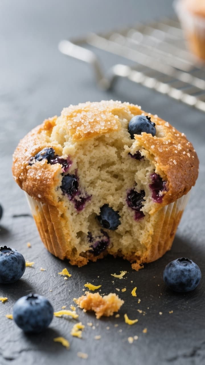 Close-up detail shot of a freshly baked jumbo blueberry muffin torn open to reveal a moist, tender c