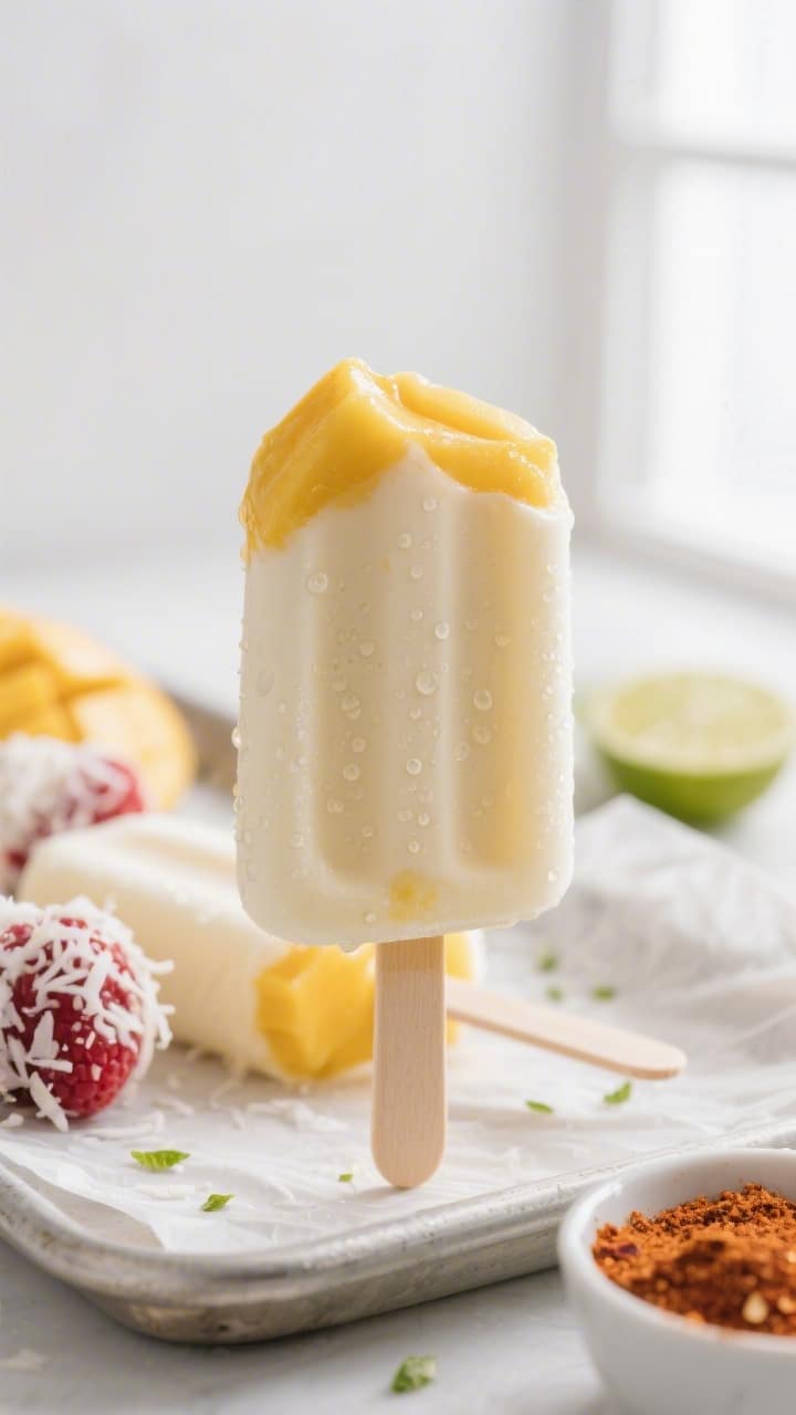 Close-up detail shot of a freshly unmolded Frozen Mango Coconut Pop held upright on a parchment-line