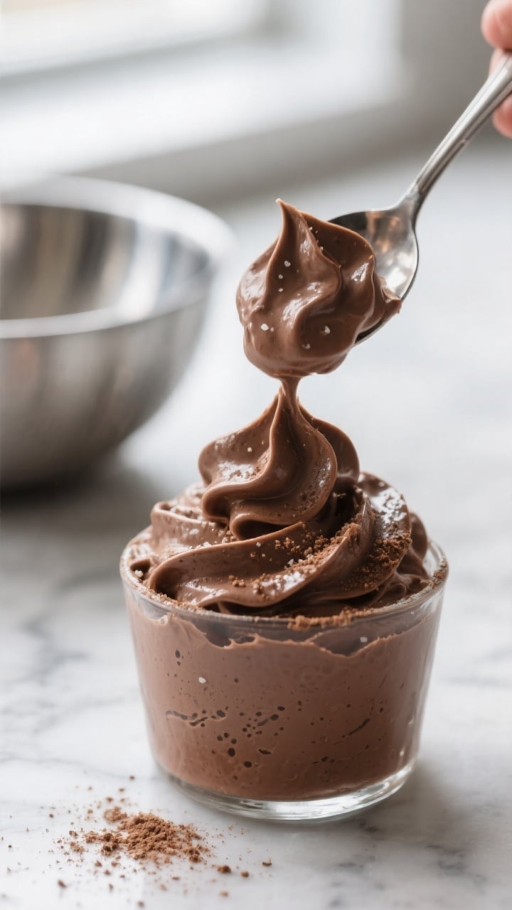 Close-up detail shot of creamy keto chocolate mousse at soft-to-medium peaks being spooned into a sm