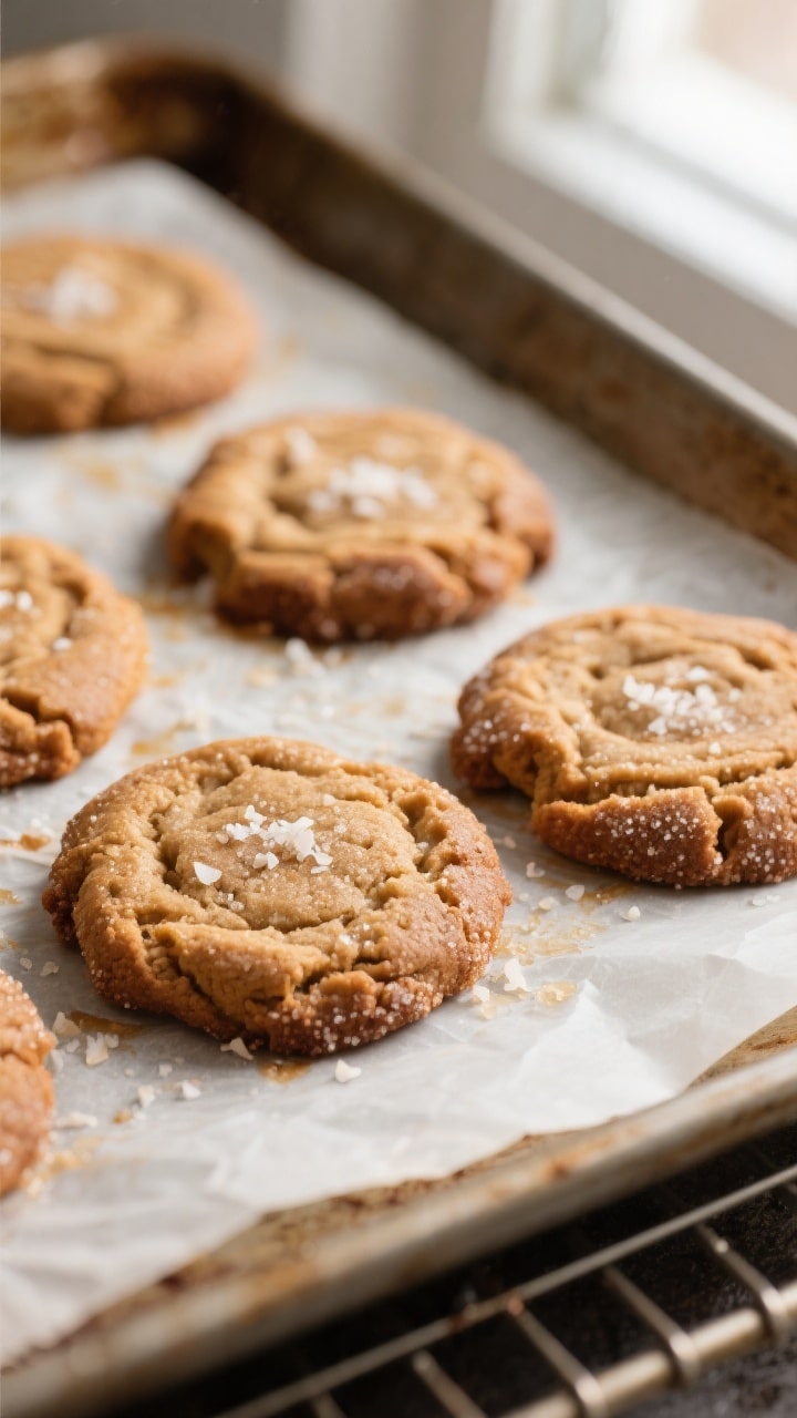 Close-up detail shot of freshly baked 3-ingredient brown sugar cookies just out of the oven on a par