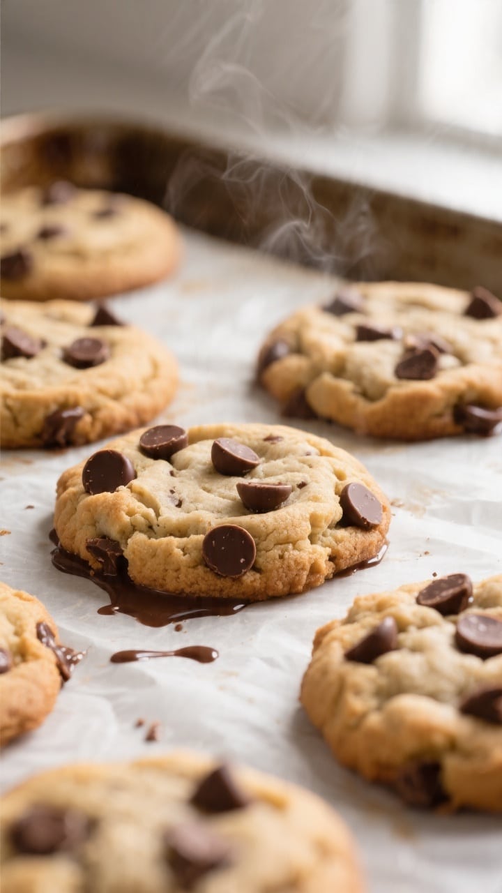 Close-up detail shot of freshly baked 4-ingredient chocolate chip cookies just out of the oven on a 