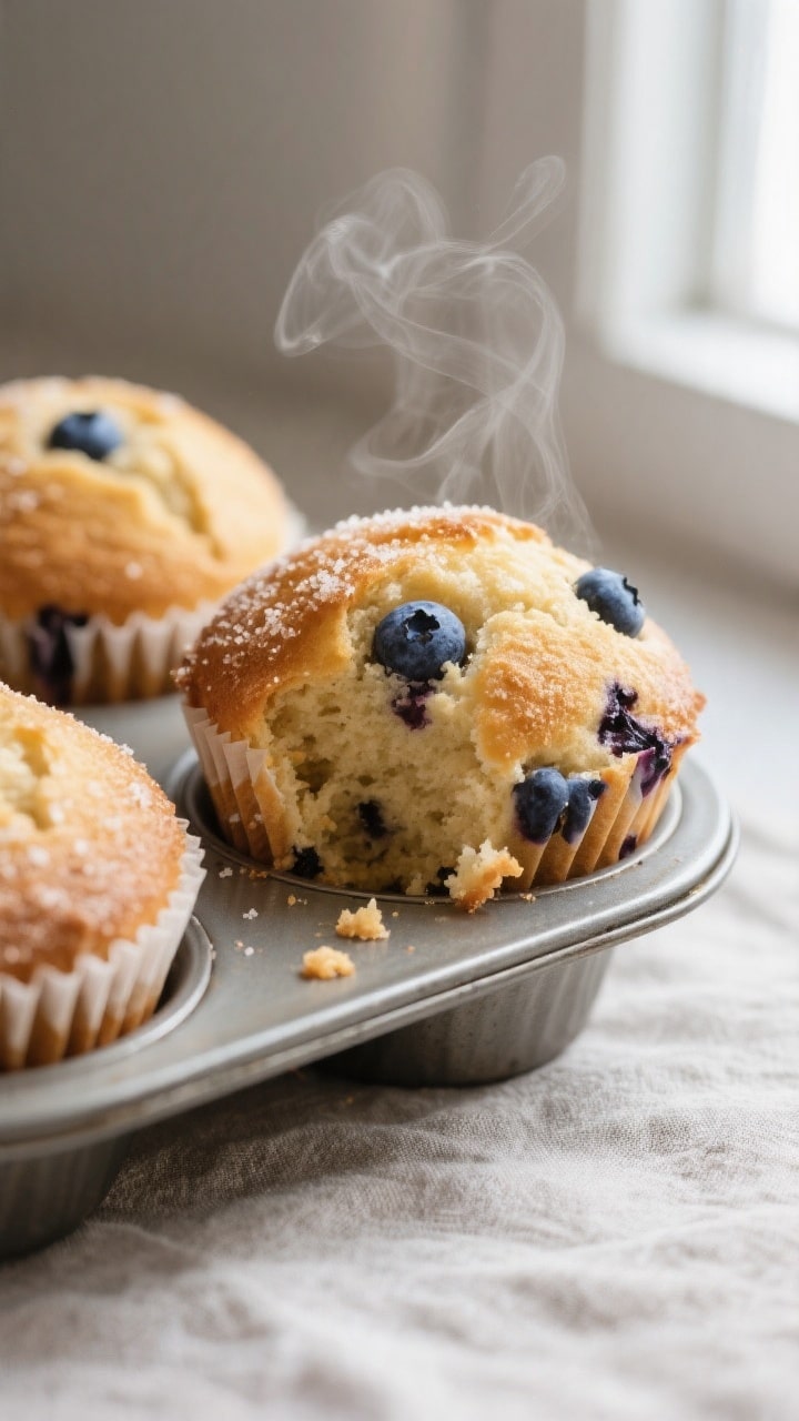 Close-up detail shot of freshly baked blueberry muffins just out of the tin, domed golden tops with