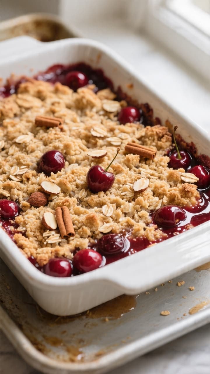 Close-up detail shot of freshly baked Cherry Almond Crumble just out of the oven: deep golden, cragg