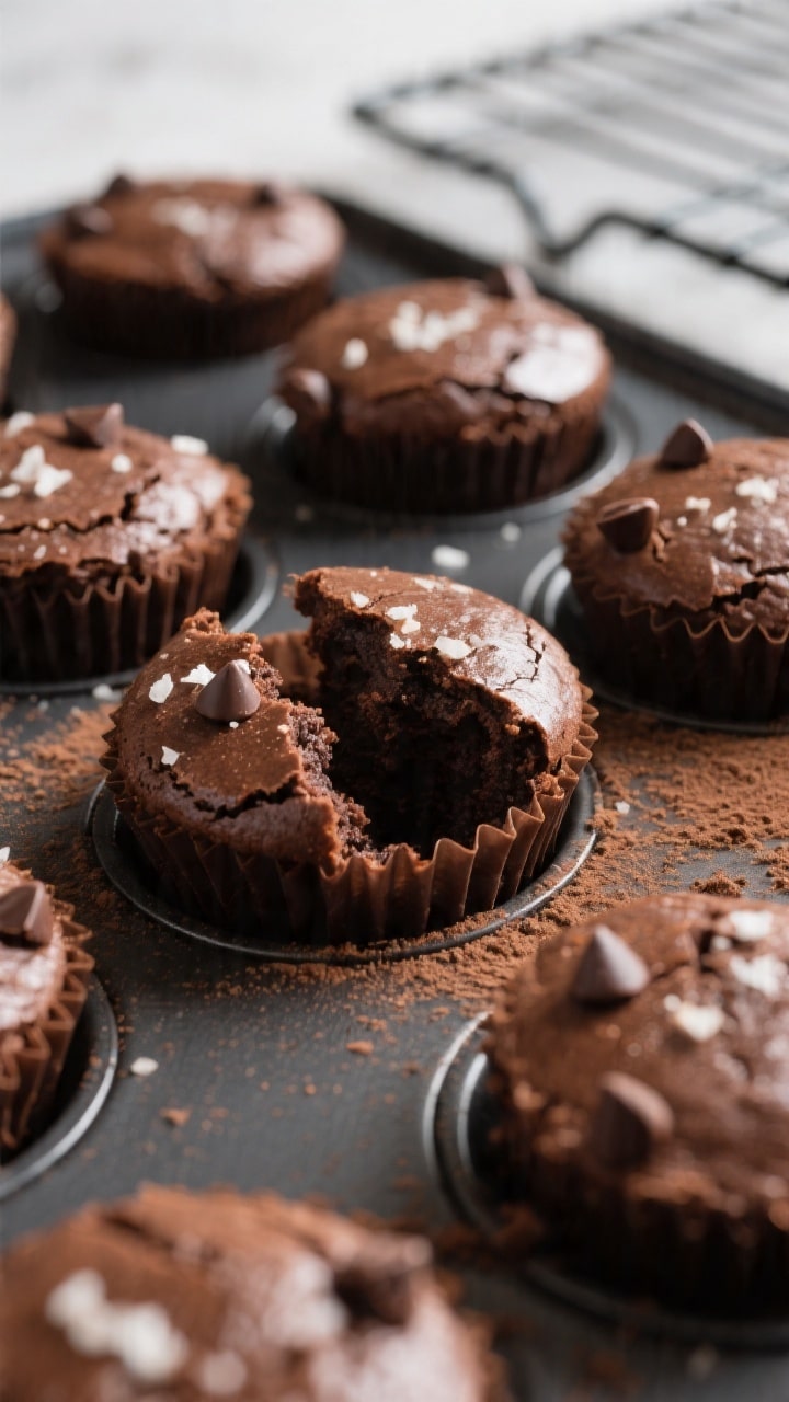 Close-up detail shot of freshly baked mini brownie bites just out of a lined mini muffin pan, tops s