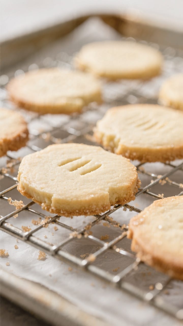 Close-up detail shot of freshly baked shortbread cookies cooling on a wire rack, highlighting crisp,