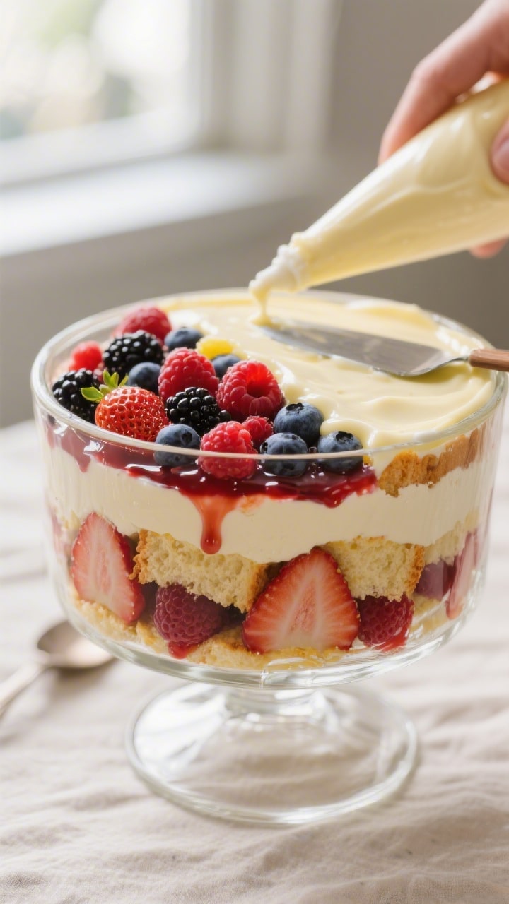 Close-up detail shot of the layered summer fruit pudding trifle as it’s being assembled: a deep gl