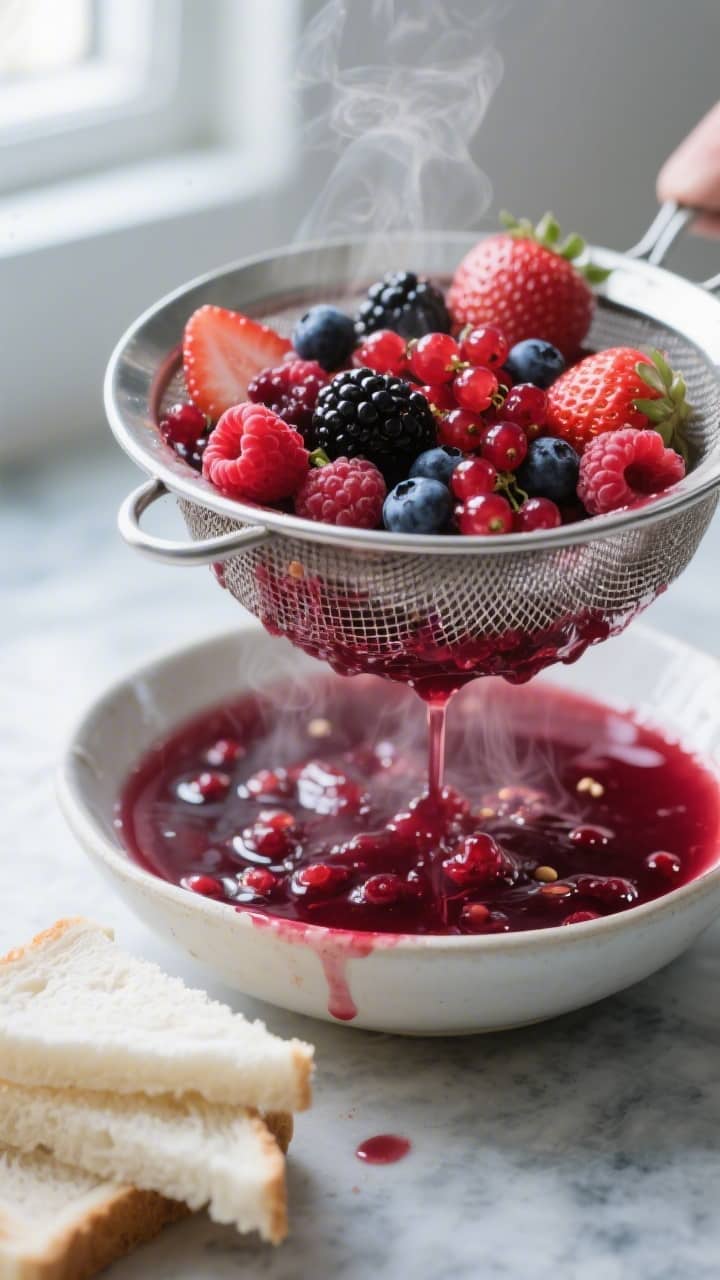 Close-up detail shot of the prepared berry compote being strained: syrupy mixed berries (raspberries