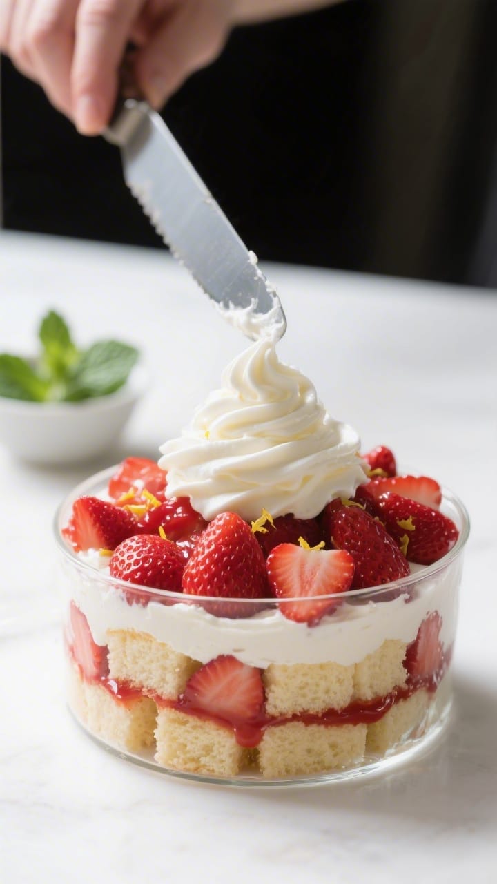 Close-up detail shot of the Strawberry Shortcake Trifle layering process: glass trifle dish with an 