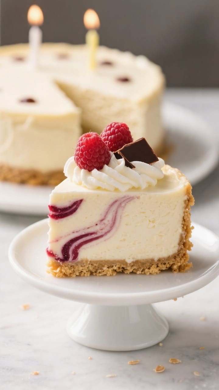 Close-up final presentation of a chilled keto birthday cheesecake slice on a white cake stand, ultra