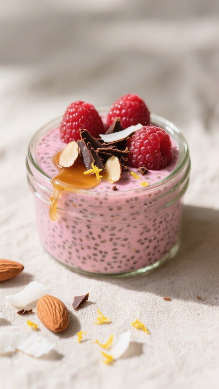 Close-up final presentation of raspberry chia pudding, restaurant-quality styling: a single small ja