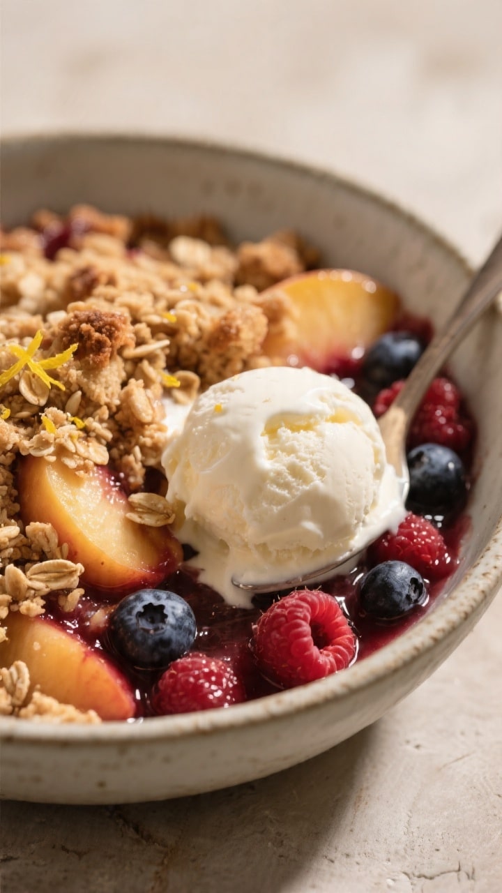 Close-up final serving of warm peach-berry crumble in a shallow stoneware bowl, scoop of slowly melt