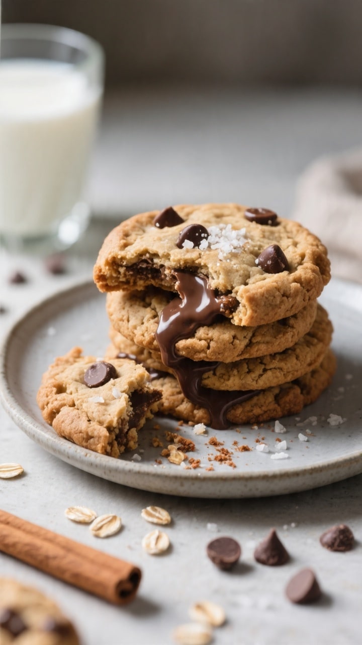 Close-up, hero plate of the final cookies stacked on a matte ceramic plate with a sprinkle of cinnam