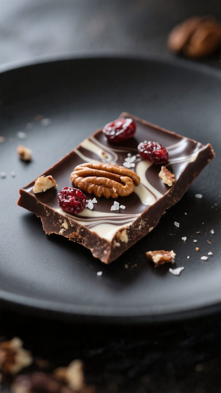 Close-up macro of a single shard of chocolate bark on a matte black plate, showcasing the glossy sna
