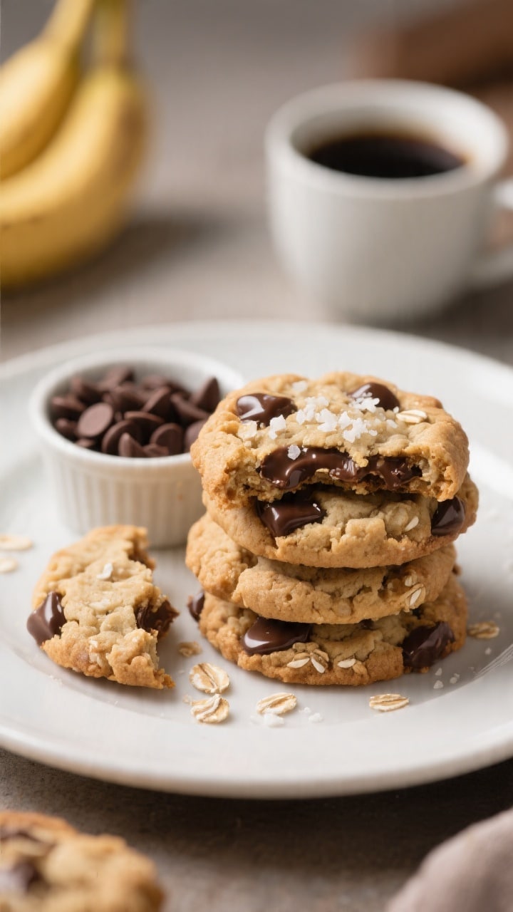Close-up, of a final plated stack of banana oat cookies on a matte white dessert plate, one cookie b