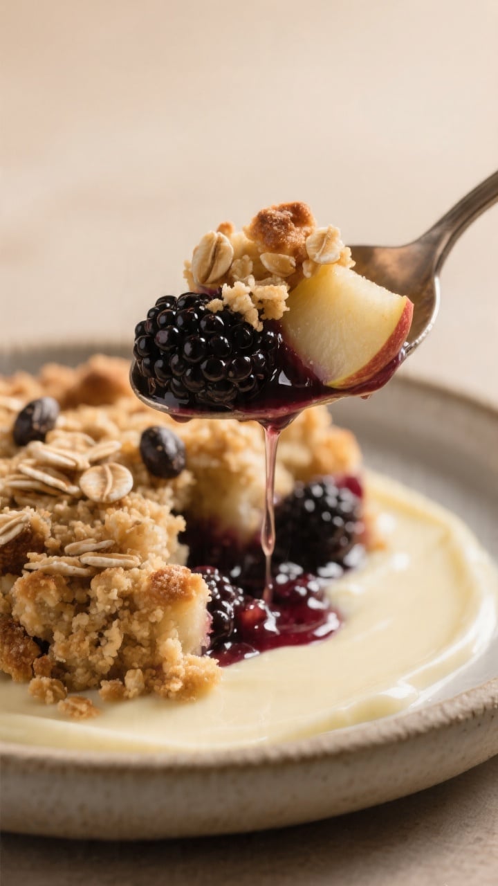 Close-up, of a spoonful being lifted from the baked crumble to show texture contrast: tender apple s