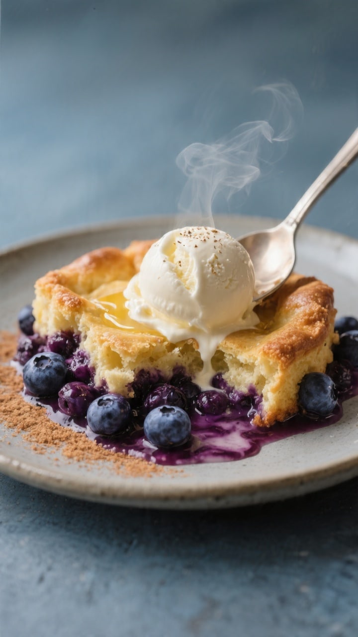 Close-up, of a warm plated serving of blueberry cobbler with vanilla ice cream: spooned portion show