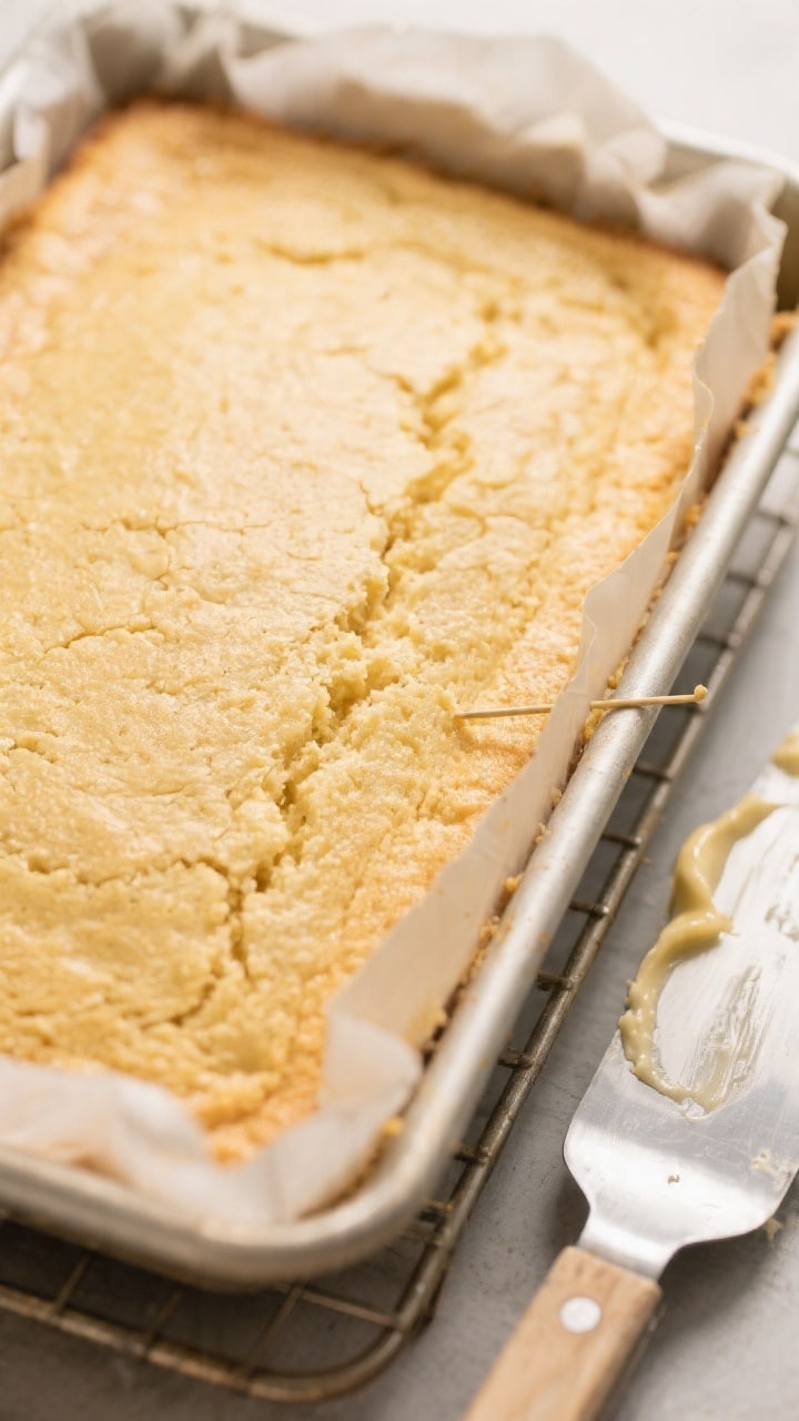 Close-up process shot: A 9x13-inch vanilla traybake just out of the oven, golden top with a fine, ev