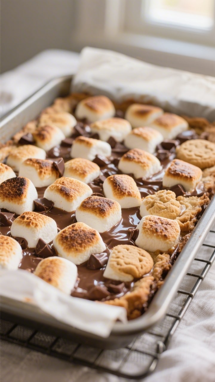 Close-up process shot: A 9x13 pan of s’mores dessert bars just after the final broil, captured mom