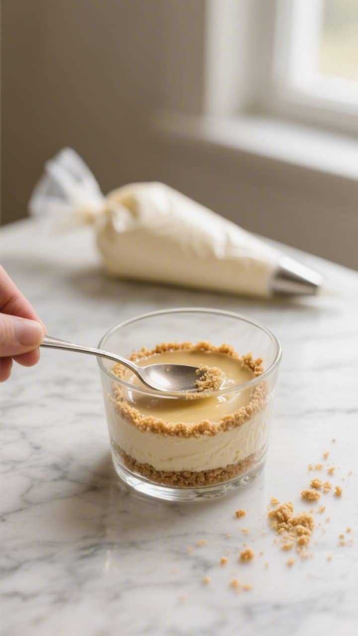 Close-up process shot: A small clear glass cup on a cool marble surface with the freshly pressed gra