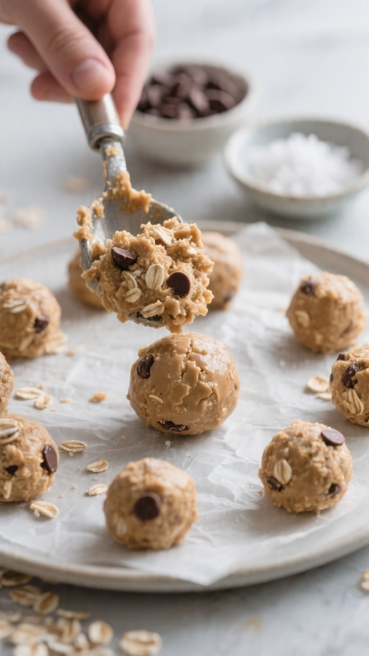 Close-up process shot of chilled peanut butter–oat mixture being scooped and rolled into uniform b