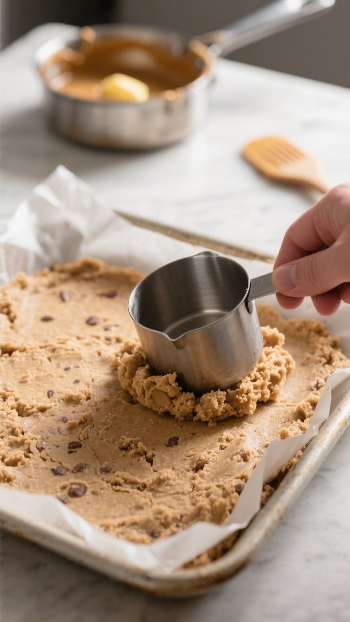 Close-up process shot of the base being pressed into a parchment-lined pan: compact, cookie-dough-li