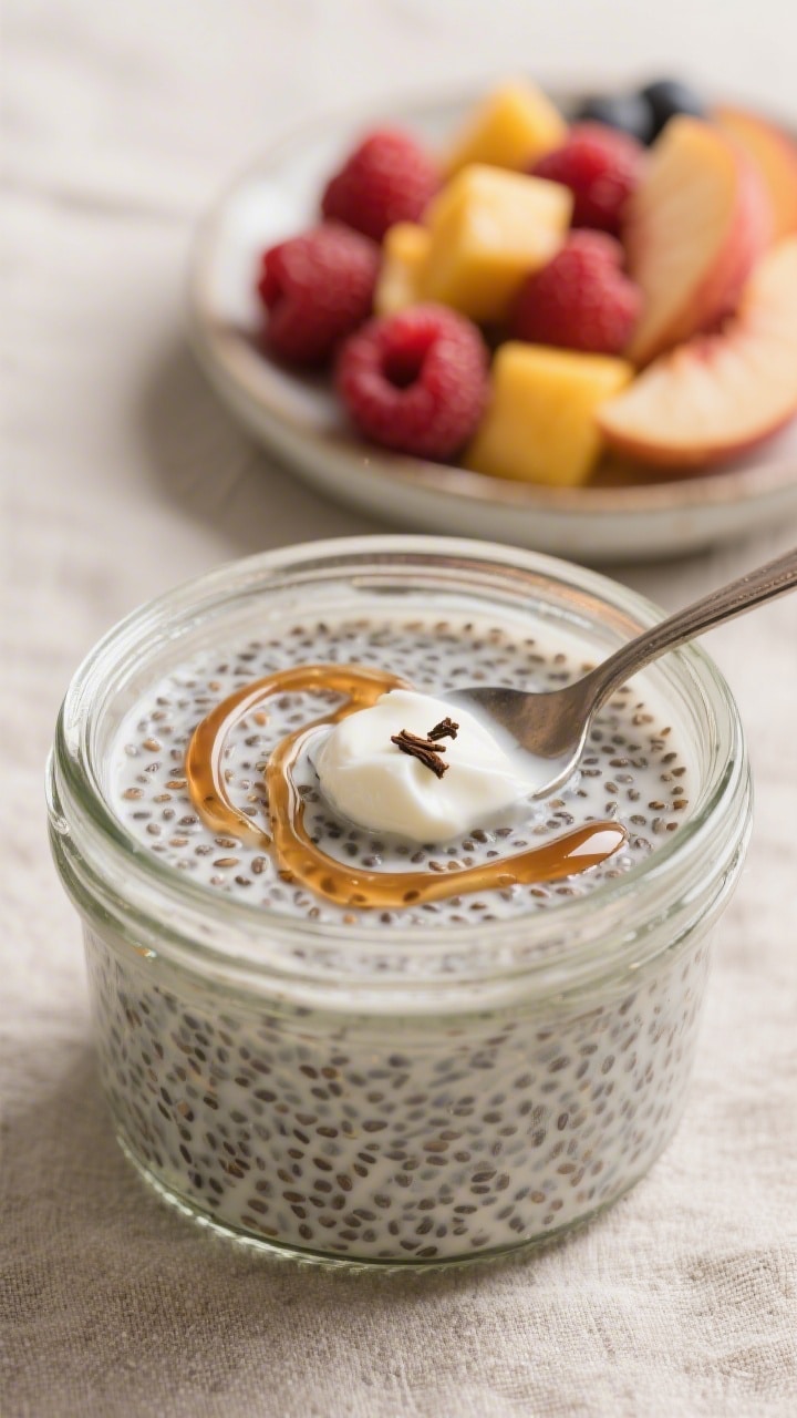 Close-up process shot of the chia pudding just after the second stir: thickened, glossy chia base in