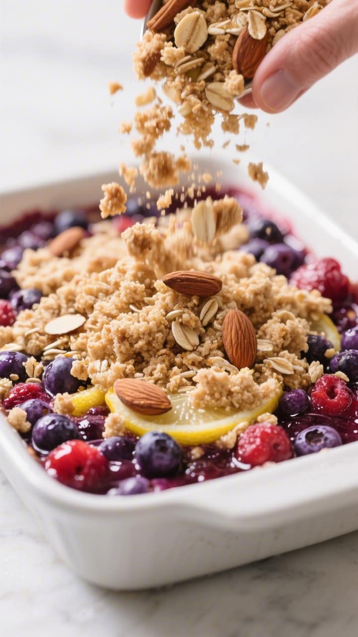 Close-up process shot of the crumble topping being sprinkled evenly over the berry mixture in the ba