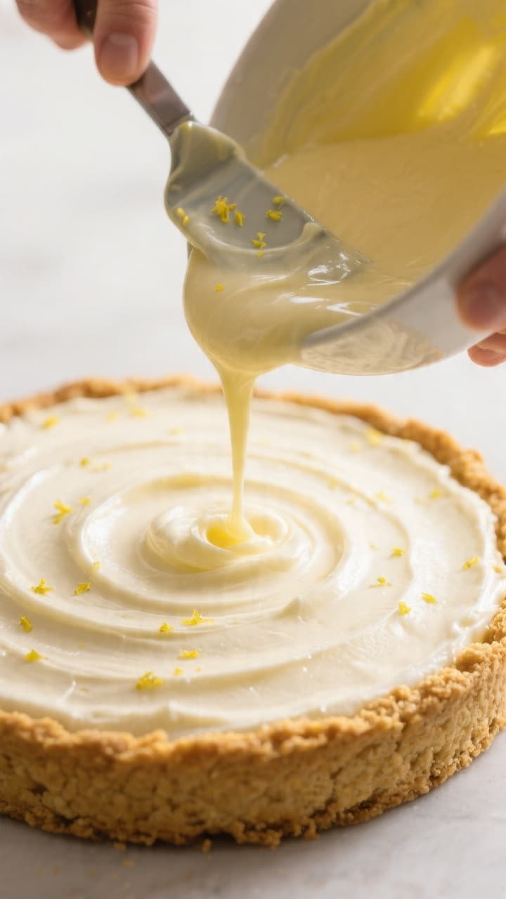 Close-up process shot: silky lemon-cream filling being poured in a smooth ribbon into a prepared 9-i