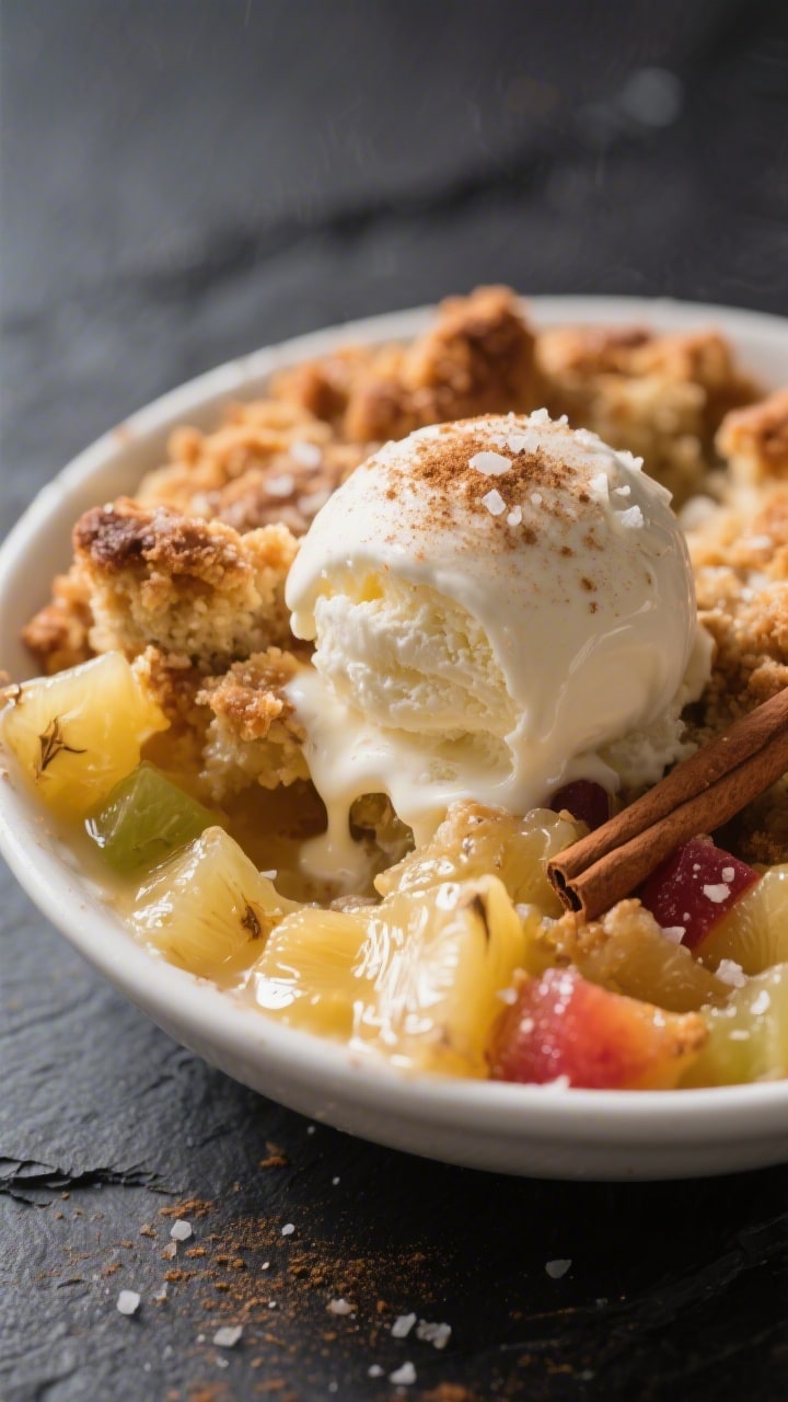 Close-up, scoop of warm pineapple dump cake served in a small white bowl: glossy, soft fruit base wi