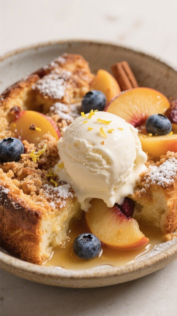 Close-up, shallow-depth plated serving of the bread pudding in a rustic bowl, warm and custardy with