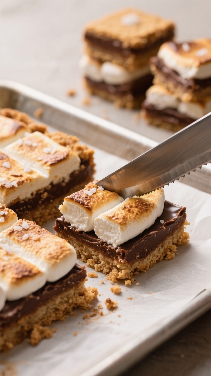 Close-up slicing scene of cooled S’mores Bars lifted from the pan and being cut into neat squares 