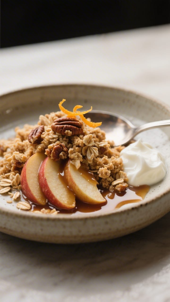 Close-up, three-quarter angle of a plated serving of the crumble in a shallow stoneware bowl: spoone