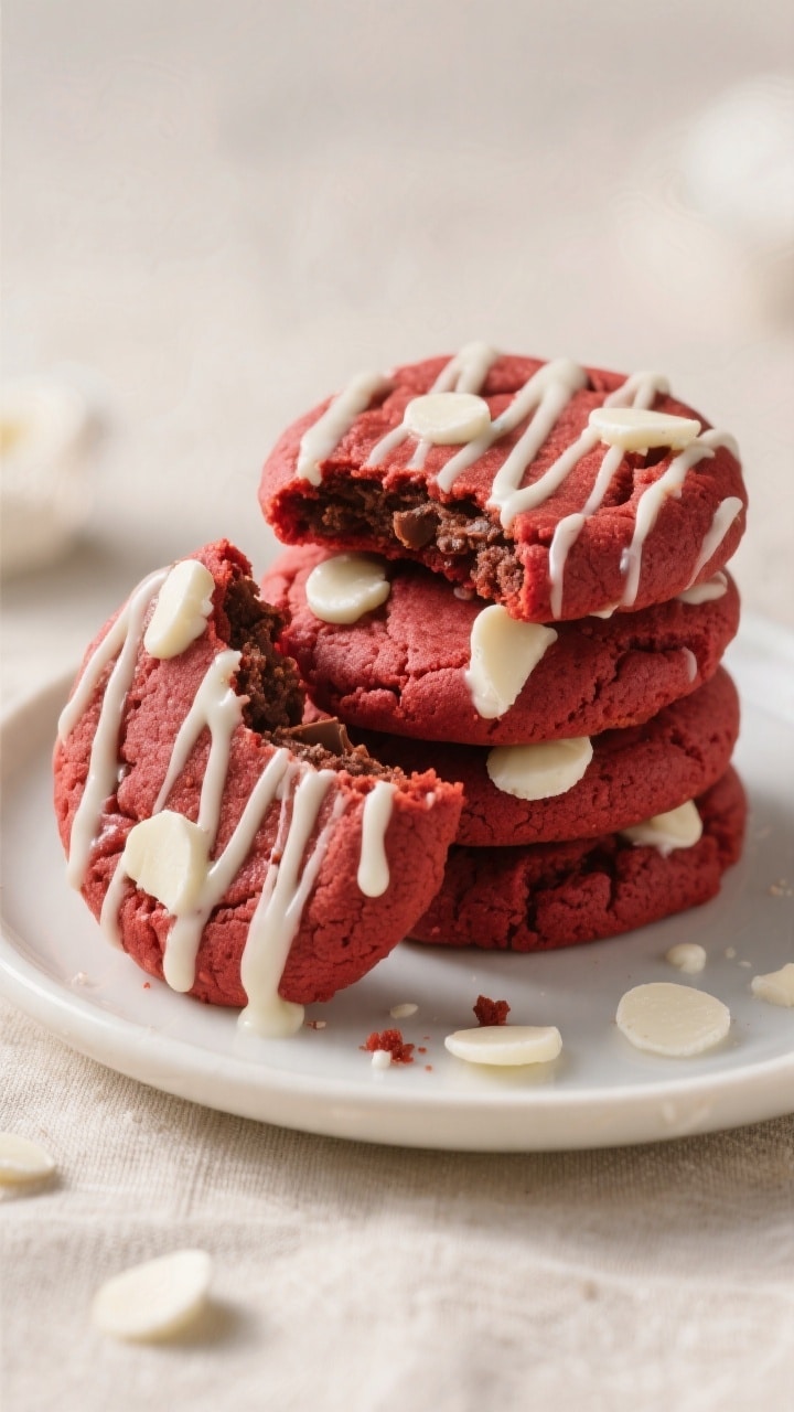 Close-up, three-quarter angle of a small dessert plate stacked with soft red velvet cookies studded 