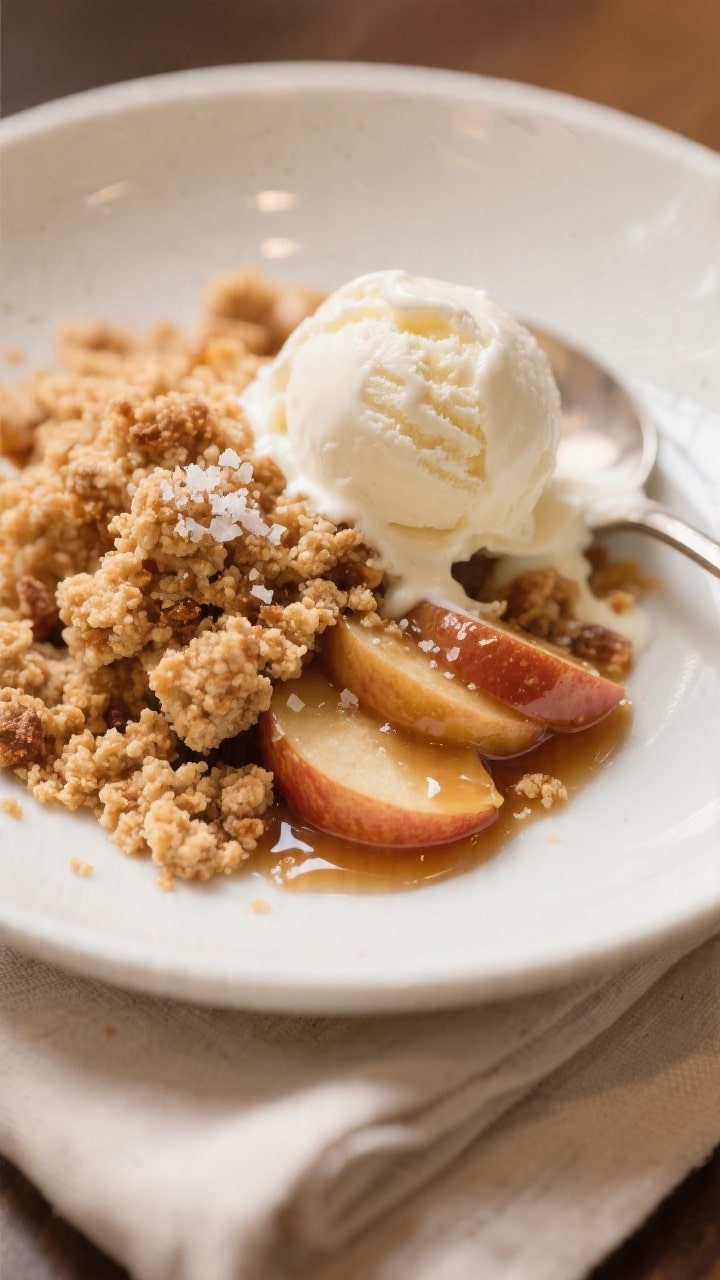 Close-up, three-quarter angle of a warm plated serving of No Oats Apple Crumble in a shallow white b