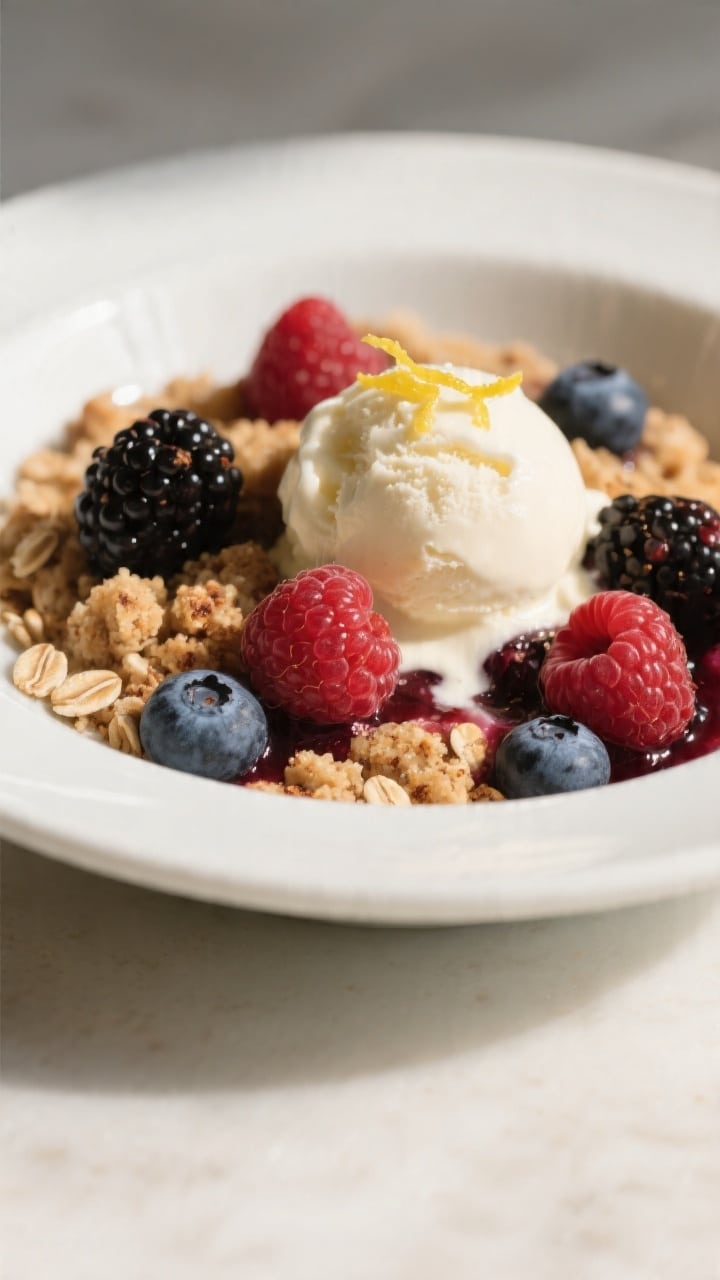 Close-up, three-quarter angle of a warm plated serving of Frozen Berry Crumble in a shallow white bo