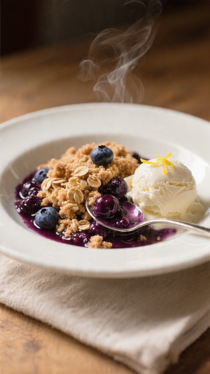 Close-up, three-quarter angle of a warm plated serving: a generous spoonful of blueberry crumble in 