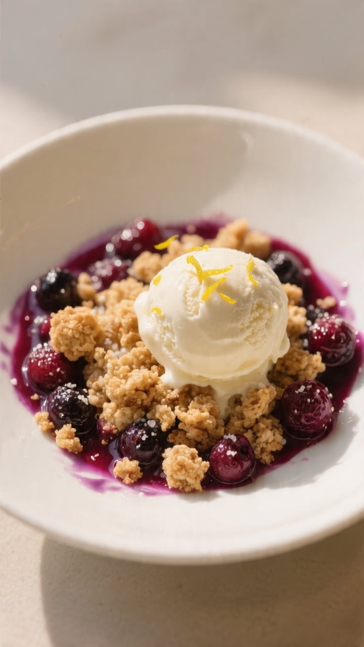 Close-up, three-quarter angle of a warm plated serving of berry crumble in a shallow white bowl with