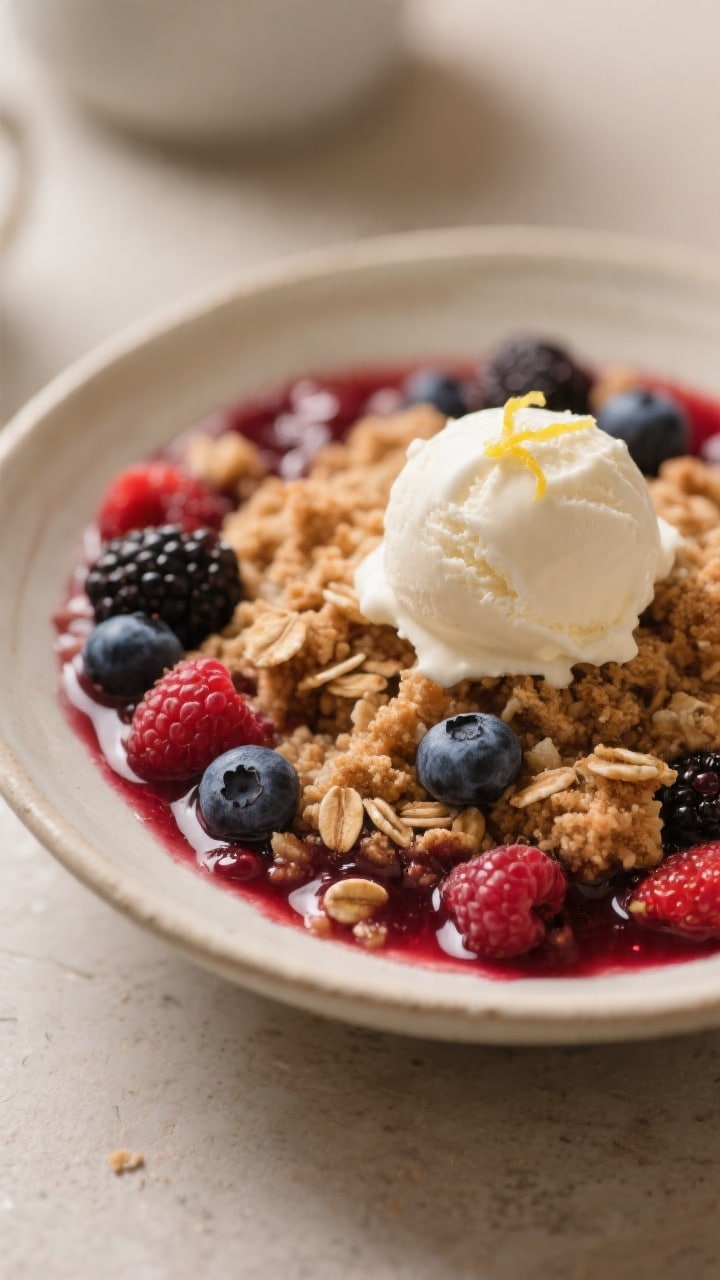 Close-up, three-quarter angle of a warm serving of mixed berry crumble just scooped into a shallow b