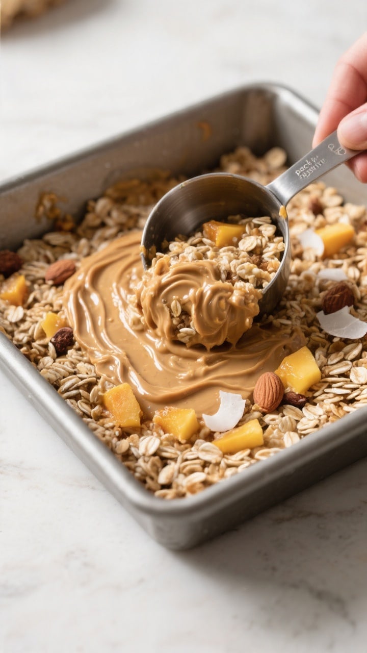 Close-up, three-quarter angle of the granola bar mixture being firmly packed into a lined 8x8 pan wi