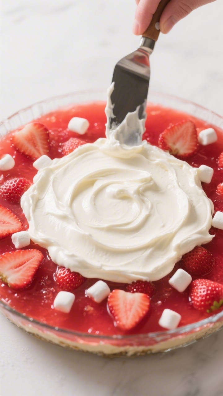 Close-up, three-quarter angle process shot showing the creamy layer being added over a softly set, t