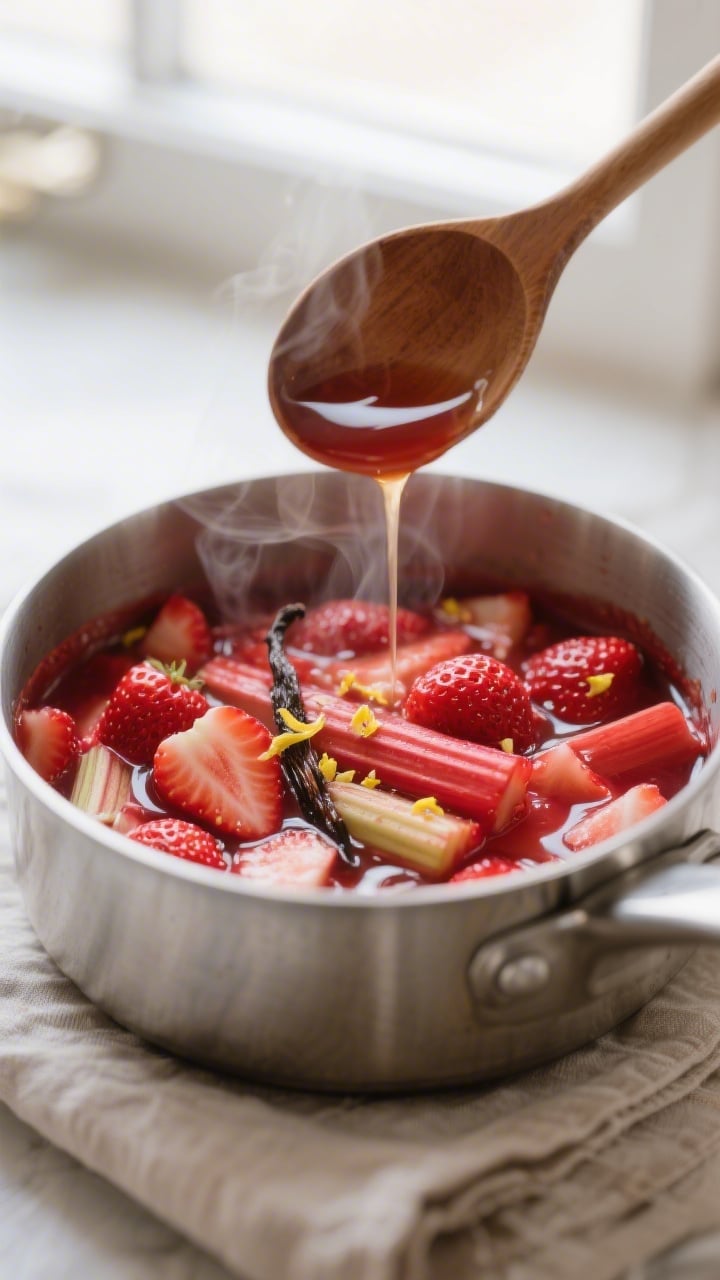 Cooking process: A shallow, 45-degree close-up of the rhubarb and strawberry filling just after simm