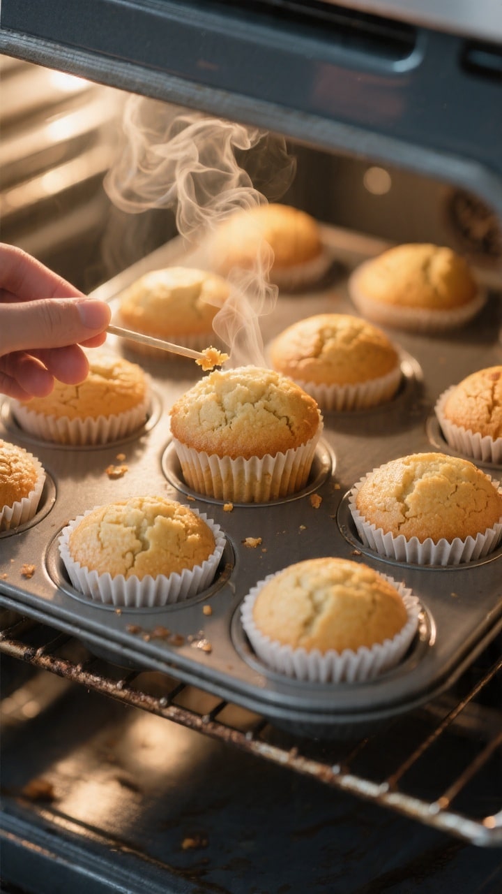 Cooking process close-up: A 12-cup muffin tin on the middle oven rack with cupcakes nearly finished 