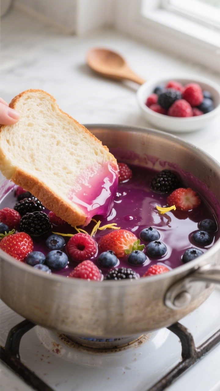Cooking process close-up: A saucepan of freshly made berry syrup for Peach and Berry Layered Summer 