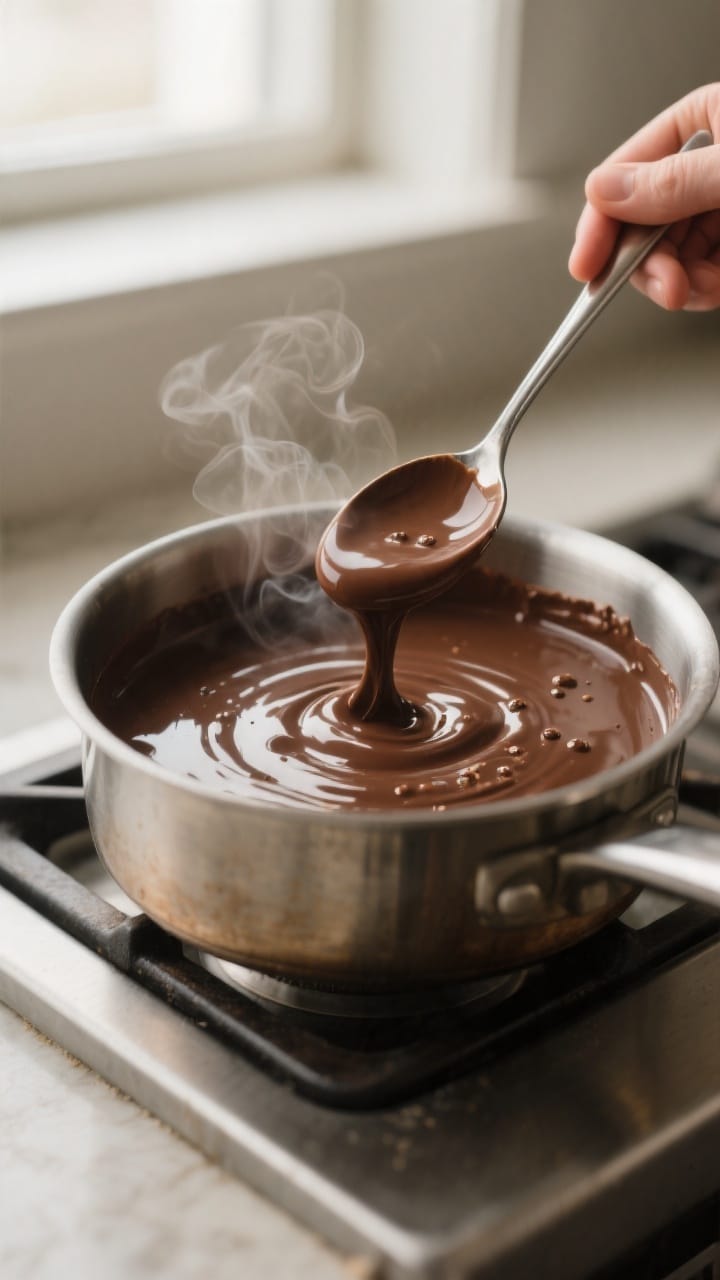 Cooking process close-up: A saucepan of glossy, almost-set keto chocolate pudding being whisked to c