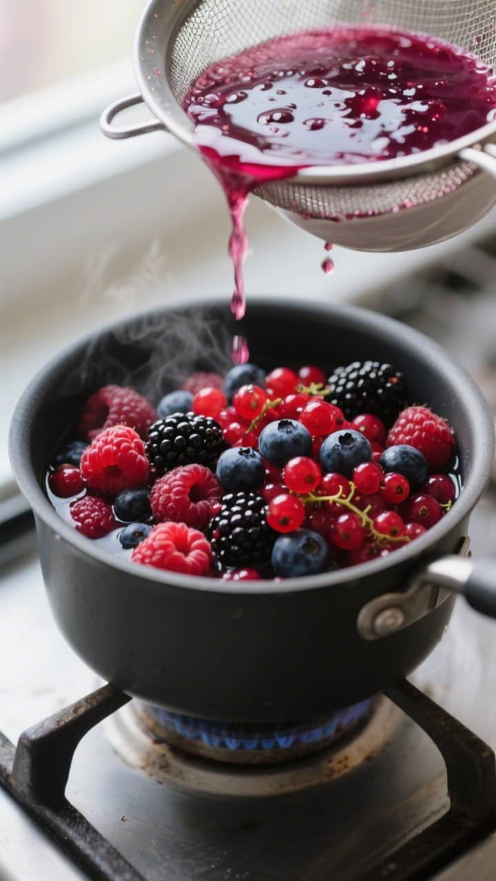 Cooking process close-up: A shallow-depth-of-field close-up of glossy mixed summer berries (raspberr