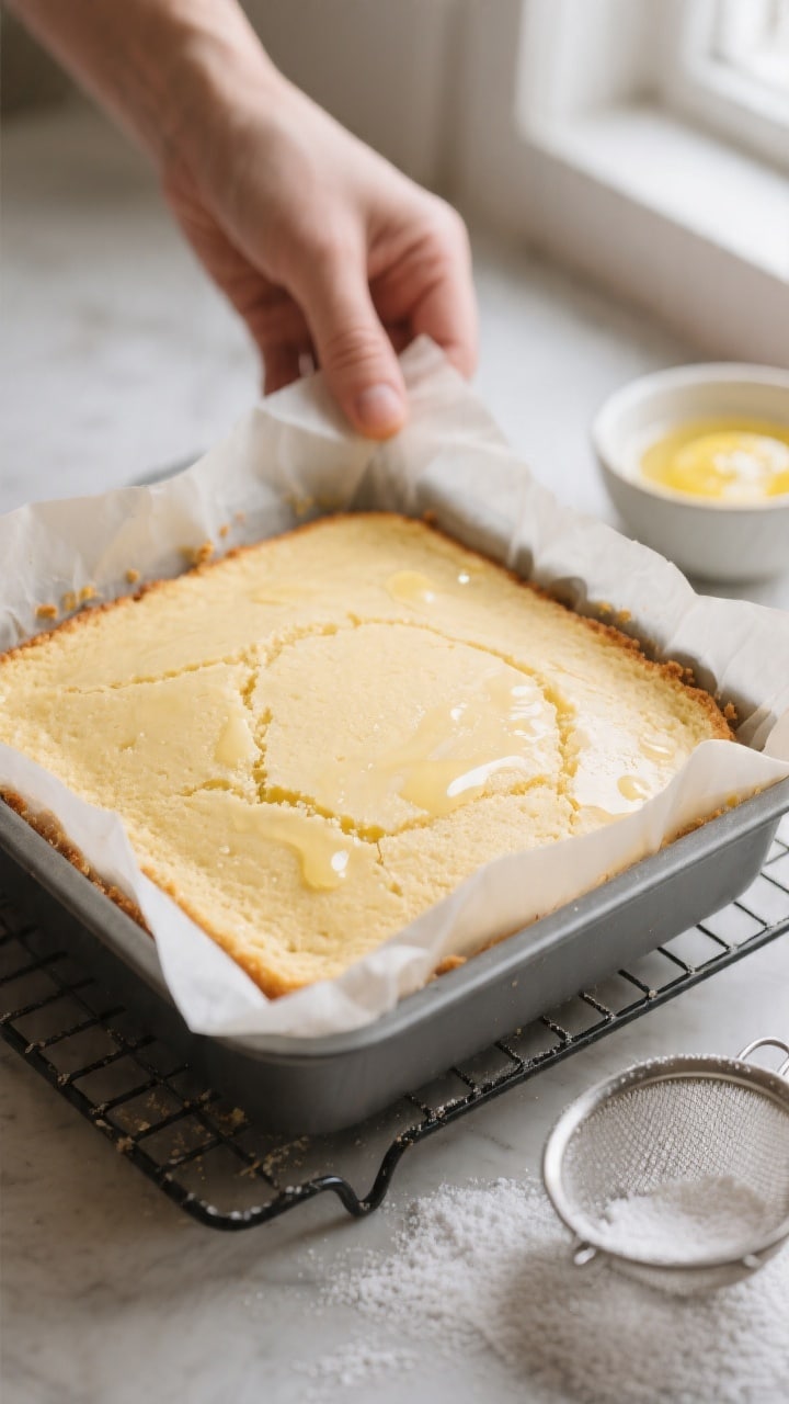 Cooking process close-up: A square 8x8 pan of freshly baked 3 Ingredient Lemon Cake just out of the 